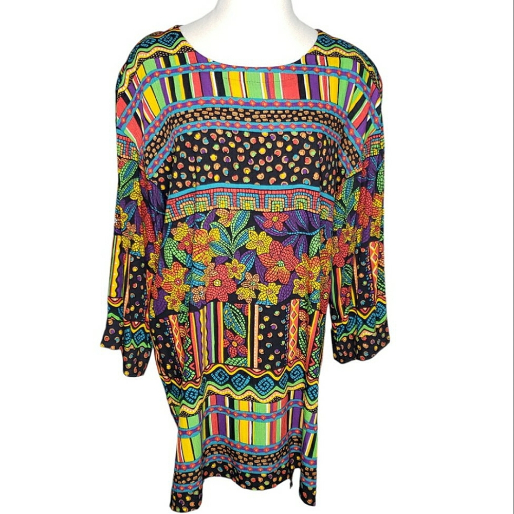 Vintage Shift Dress Rio Carnival Festival Stained Glass Rainbow Primary Crayon